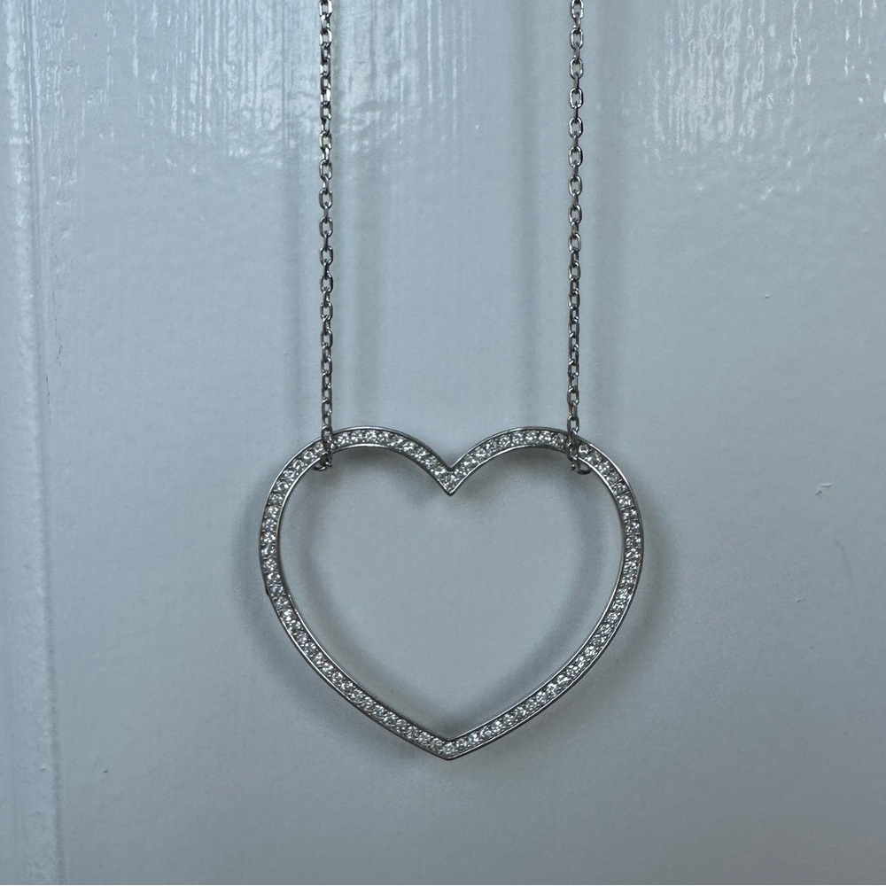 Large Heart Long Silver Necklace